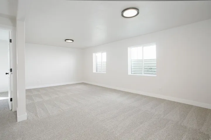 Expansive room with neutral carpeting, white walls, and two windows
