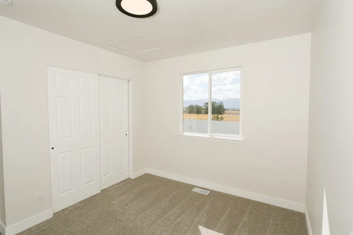 Neutral wall paint, light-colored carpet, white trim, sliding panel doors, and a modern flush-mount light fixture