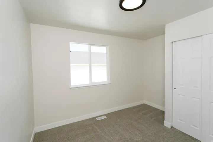 Neutral wall paint, window with blinds, carpet flooring, sliding closet doors, and a flush mount ceiling light fixture