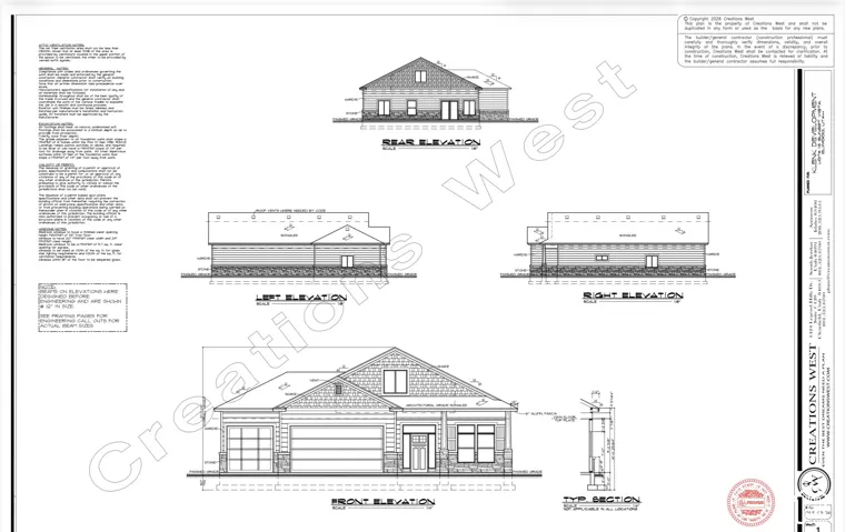 Architectural Blueprint, Elevation Views. Illustrating the rear, left, right, and front elevations of the property with a cross-section detail