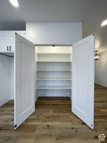 Storage pantry featuring shaker-style double doors, built-in shelving, and wood-finish flooring