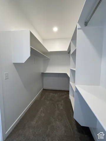 Primary Bedroom, Walk in closet storage space featuring built-in white shelving, multi-level hanging rods, and carpeted flooring