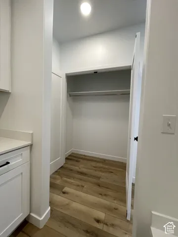 Closet in hallway off mudroom, a built-in shelf, and a hanging rod.