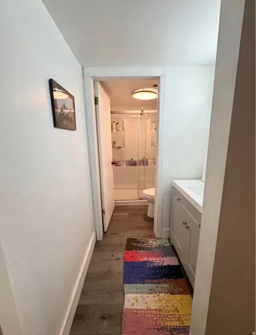 Wood-finish flooring with a white vanity featuring an integrated sink, and an overhead lighting fixture