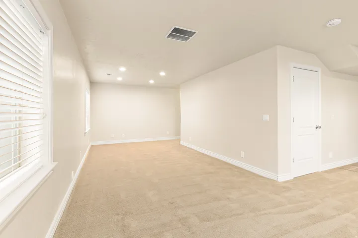 Recessed lighting, light-colored carpeting, multiple windows with blinds, a white paneled door, and neutral wall tones