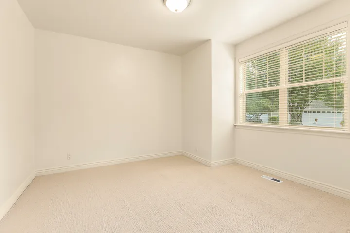 Wall-to-wall carpeting, large window with blinds, and a ceiling-mounted light fixture
