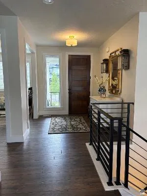 Dark wood-finish flooring, a solid wood front door, and a black horizontal bar railing system