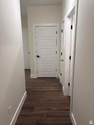 Wood-finish flooring with white trim, featuring multiple paneled doors with dark hardware