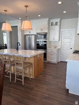 Stainless steel appliance suite with built-in oven and microwave