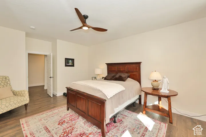 Wood-finish flooring, multi-panel interior door, and modern three-blade ceiling fan with integrated lighting
