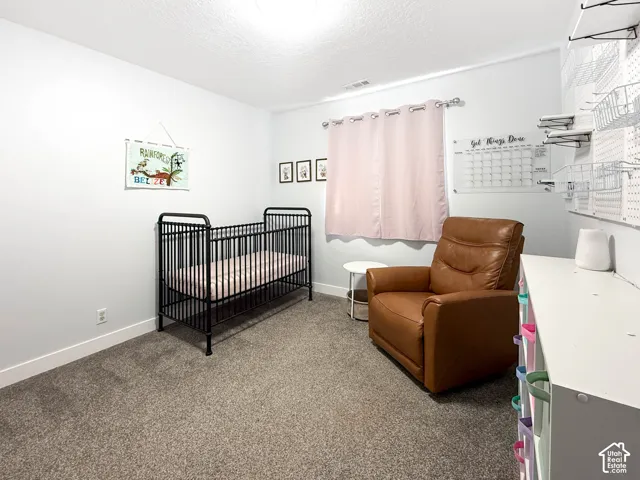 Recessed lighting illuminates the room, featuring light gray wall tones and gray carpeting