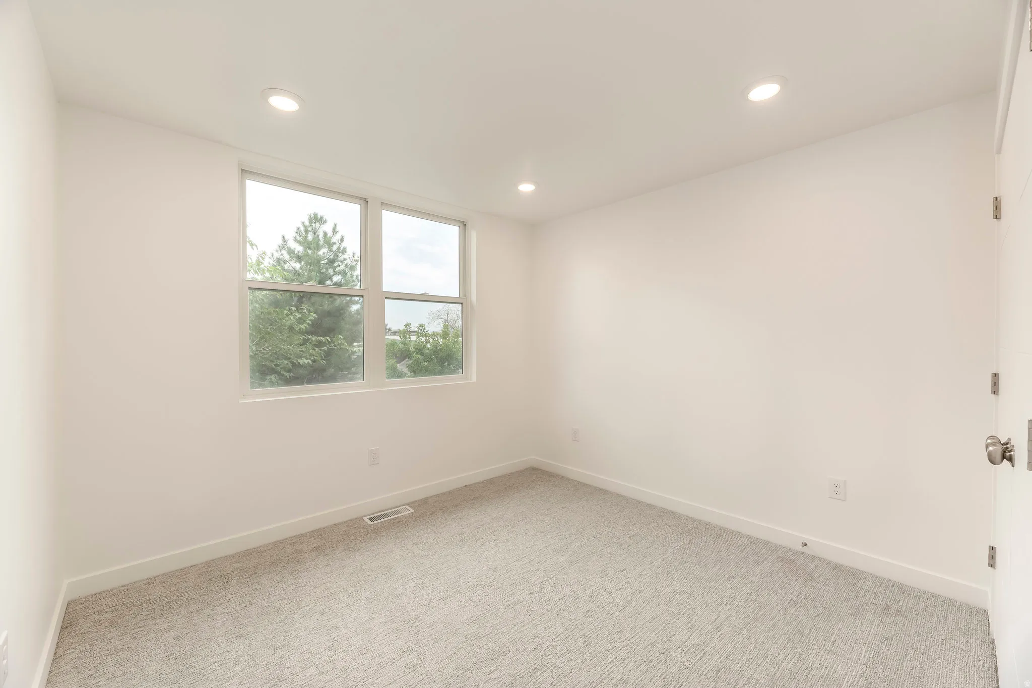 Recessed lighting, light-toned carpeting, ample natural light, white trim, and a contemporary door