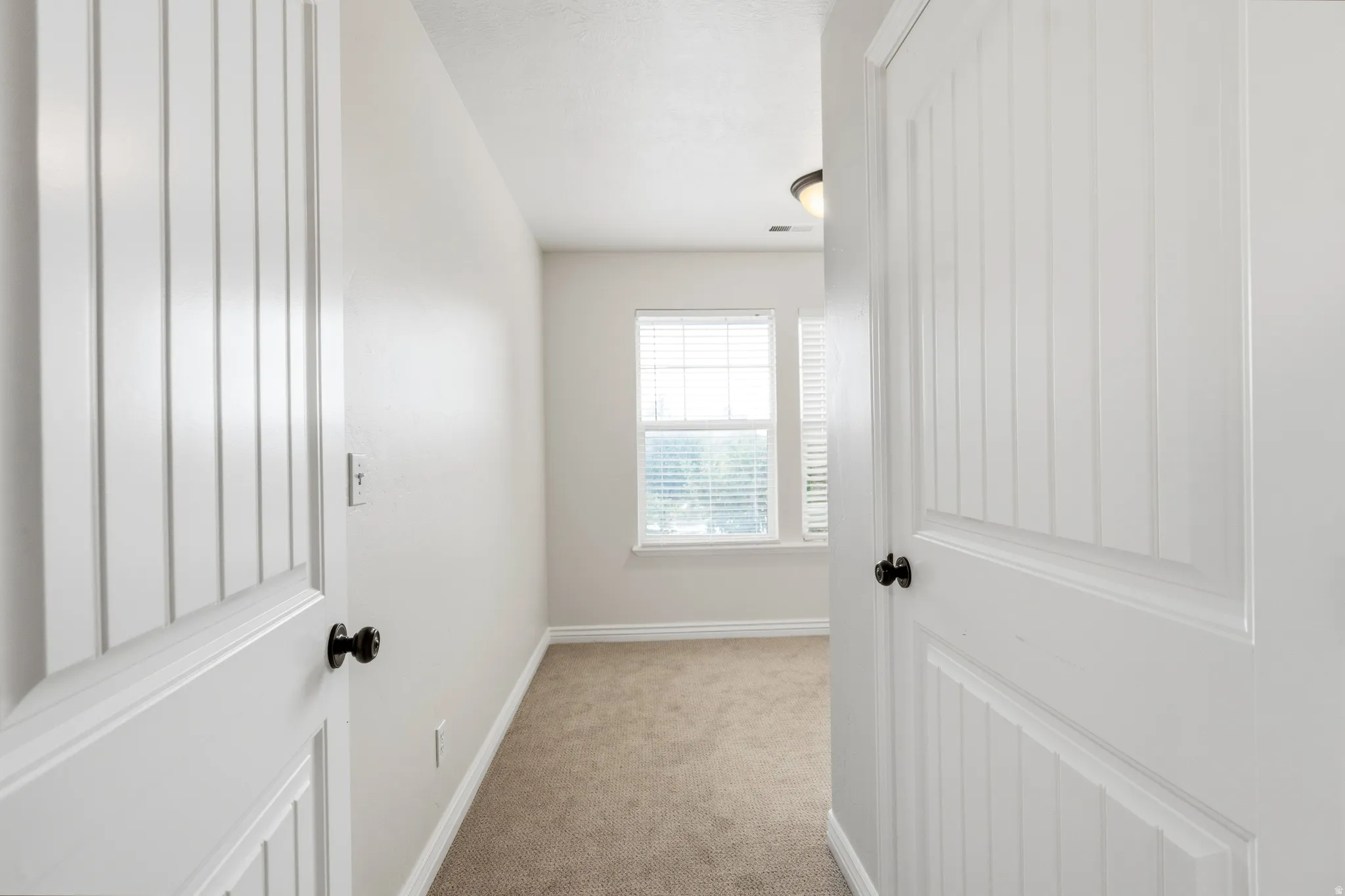 Neutral color palette with carpet flooring, white trim, and window blinds