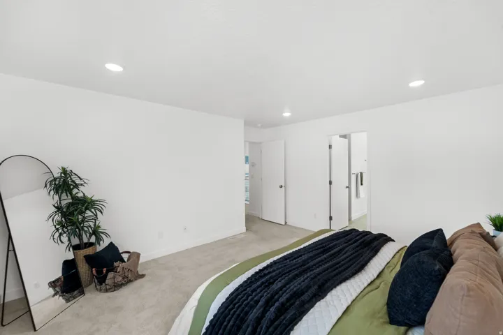 Recessed ceiling lighting, white interior walls, light-toned carpeting, and a white interior door