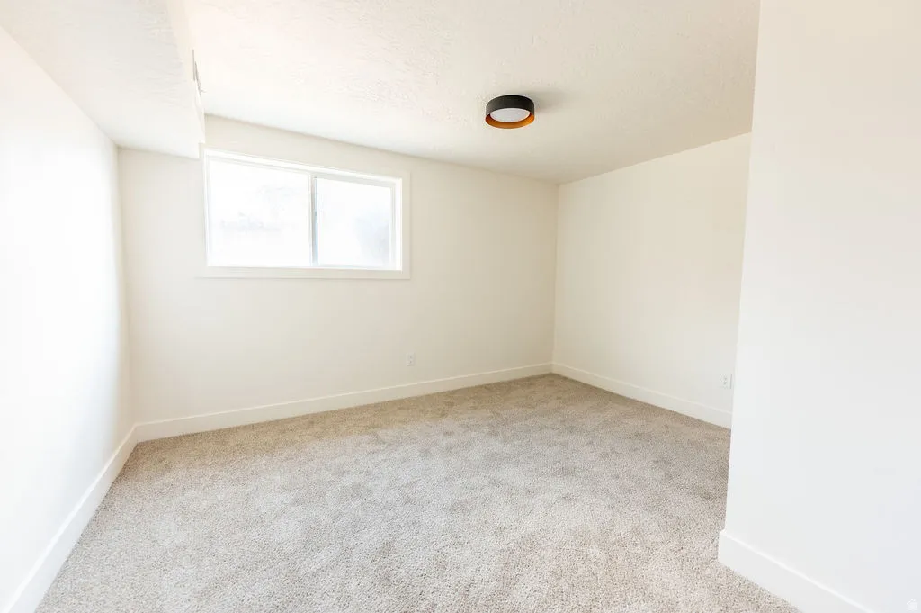 Neutral wall paint, carpet flooring, a window with trim, a ceiling-mounted light fixture, and white baseboards