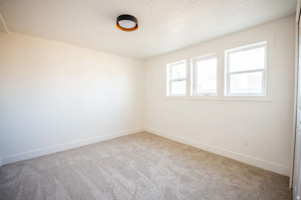 Light-colored carpeting with matching wall paint