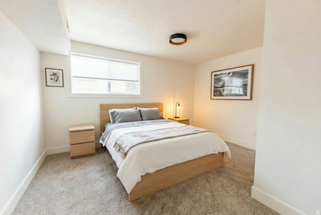 Recessed window with roller shades, light-toned carpeting, and a flush-mount ceiling fixture