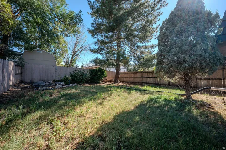 Enclosed backyard with wood privacy fencing, mature trees, and a utility shed