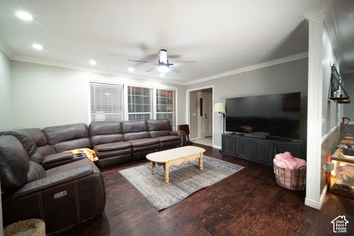 Wood-finish flooring, recessed lighting, crown molding, ceiling fan, and multiple windows with blinds