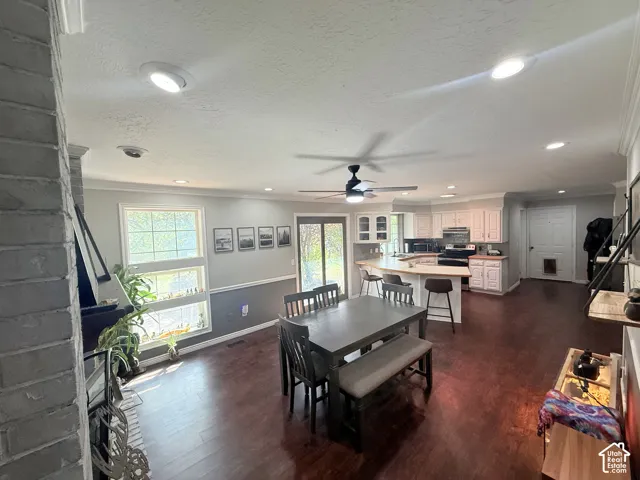 Open-concept living space with dark wood-finish flooring, recessed lighting, and a ceiling fan