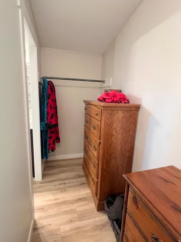 Walk-in closet with wood-finish flooring and integrated hanging rod