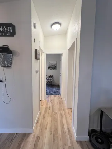 Hallway featuring wood-finish flooring and a flush-mount ceiling light