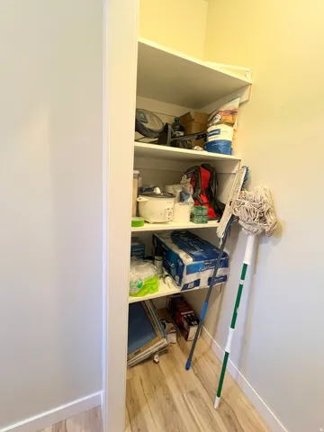 Built-in shelving with wood-finish flooring