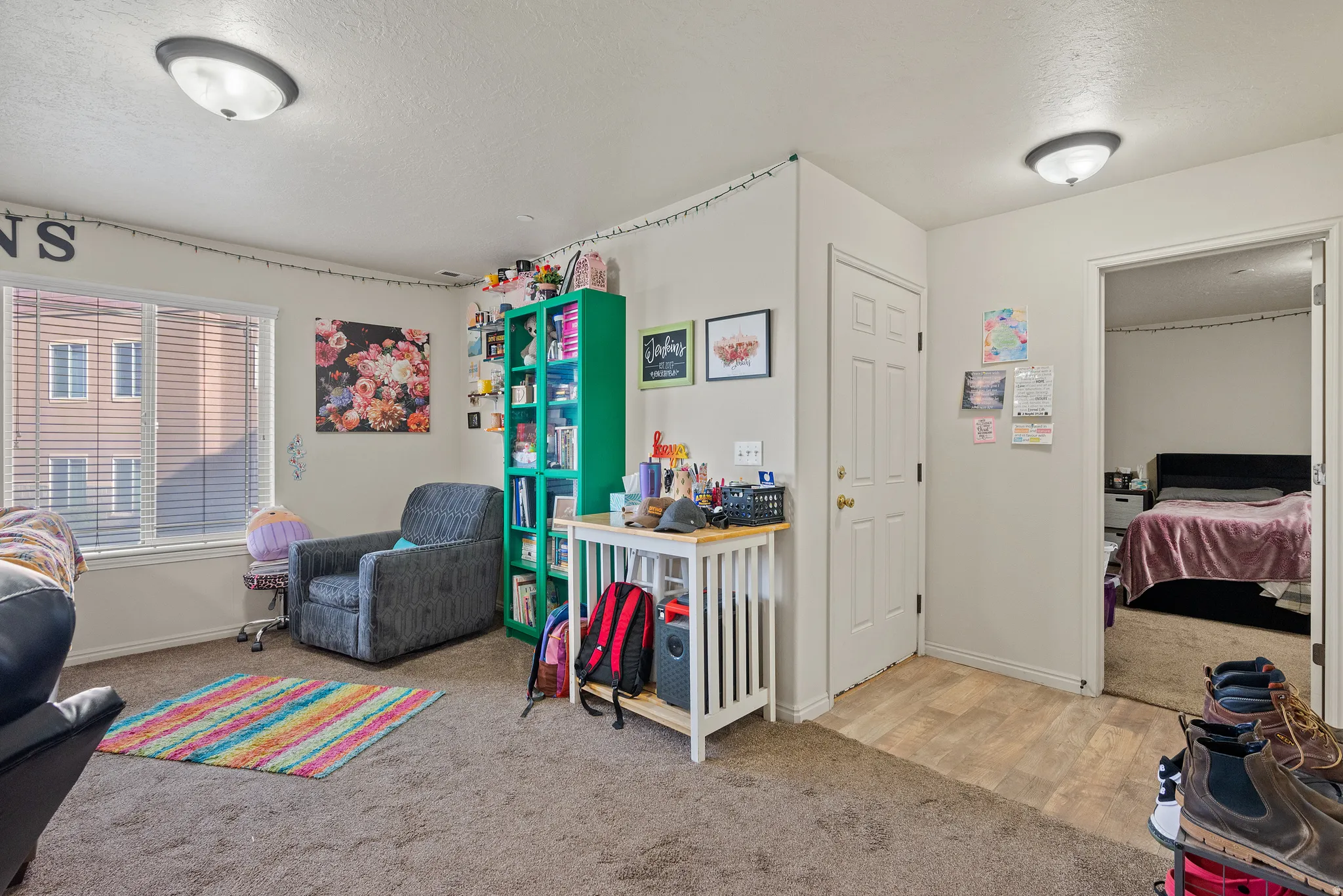 Carpeted living area with a large window, flush-mount lighting, and a white paneled interior door