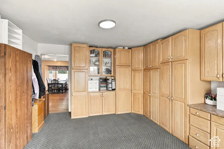 Extensive wood-finish cabinetry, integrated shelving, and carpeted flooring