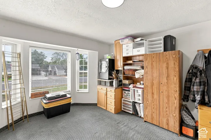Curved wall with multiple windows, light gray wall paint, textured gray carpet, and built-in wood-finish cabinetry