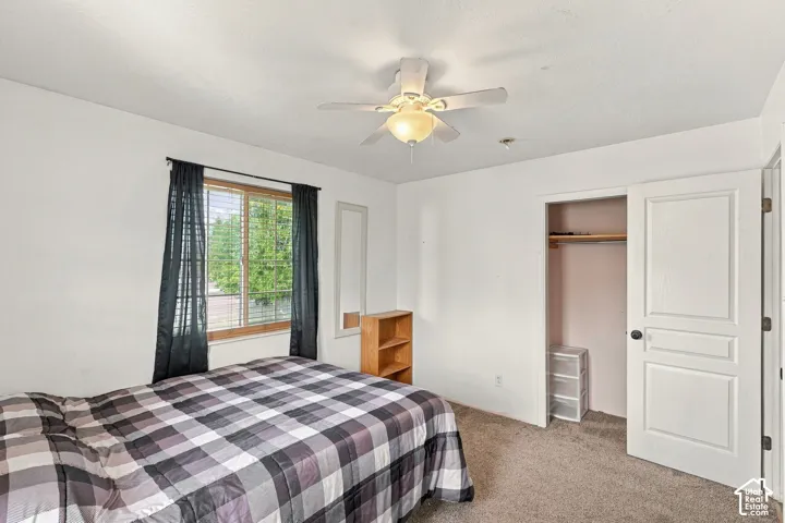 Carpeted room featuring a window with blinds, a ceiling fan, and a built-in closet with double panel doors
