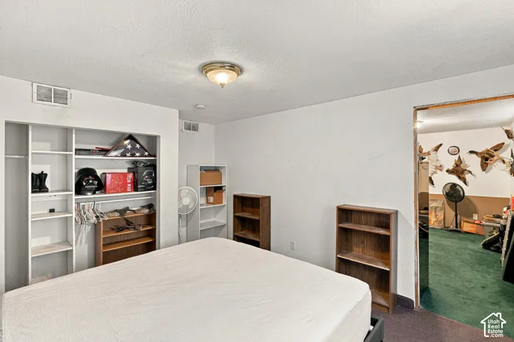 Built-in shelving and hanging space, flush mount ceiling light fixture, and wood-finish flooring