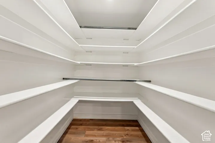Expansive storage space featuring built-in shelving, wood-finish flooring, and a dedicated hanging rod