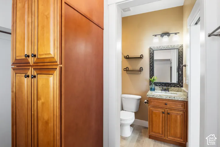 Wood-finish flooring, wood cabinetry with black hardware, vanity with a stone countertop, and framed mirror with integrated lighting