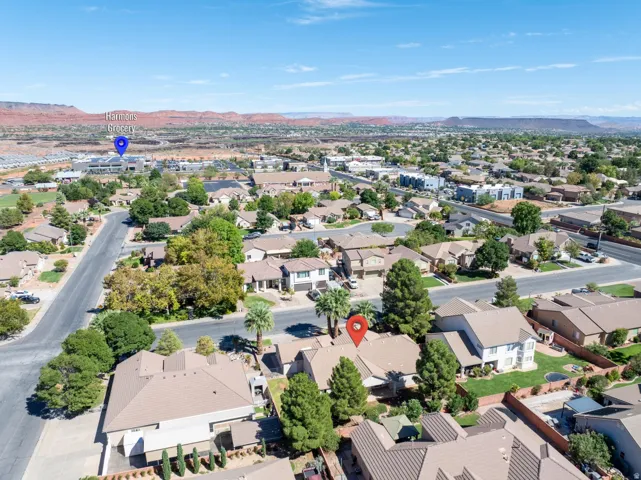 Aerial perspective of a residential neighborhood with varied architectural styles and mature landscaping