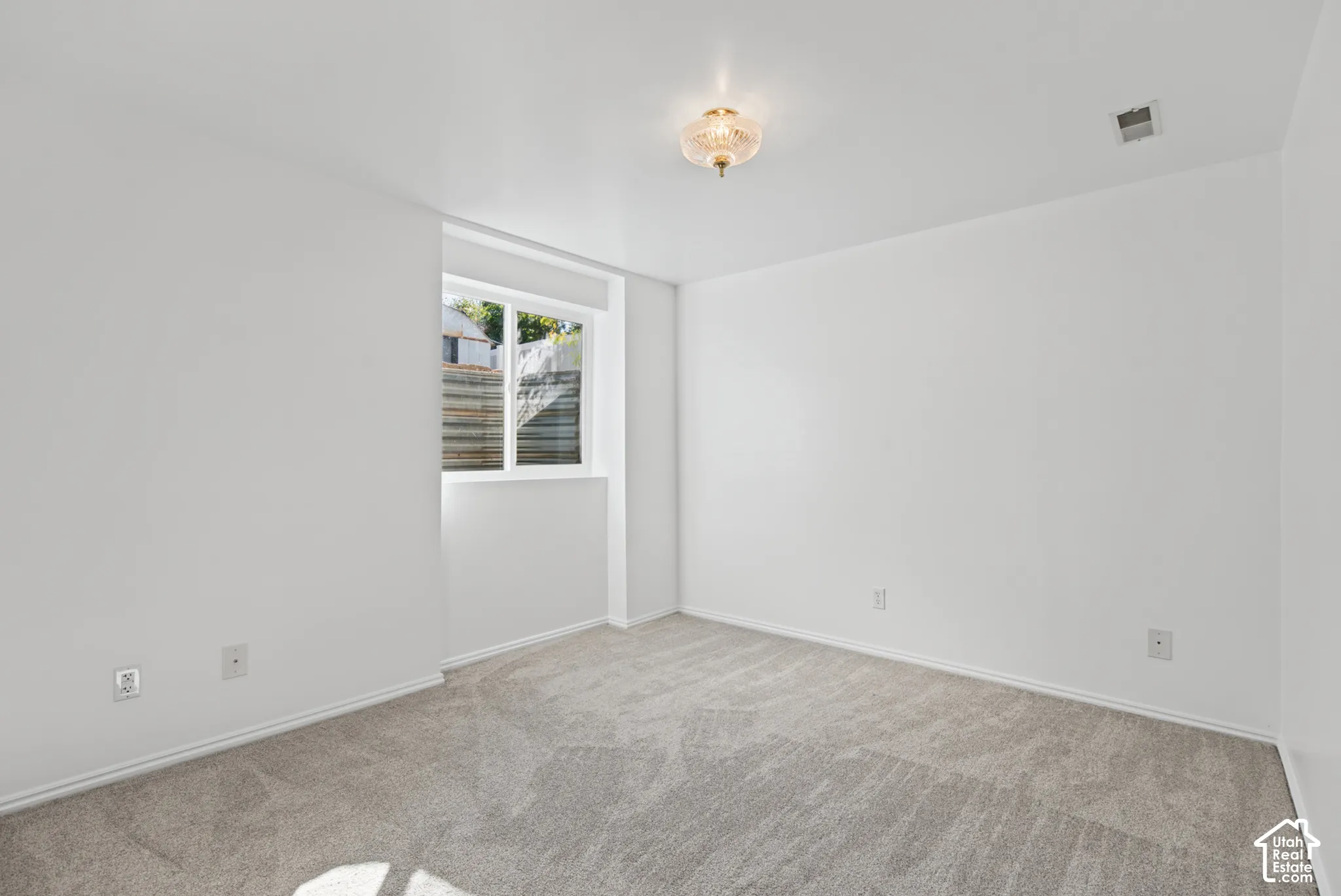 Neutral-toned walls, plush carpet flooring, a window providing natural light, and a ceiling-mounted light fixture
