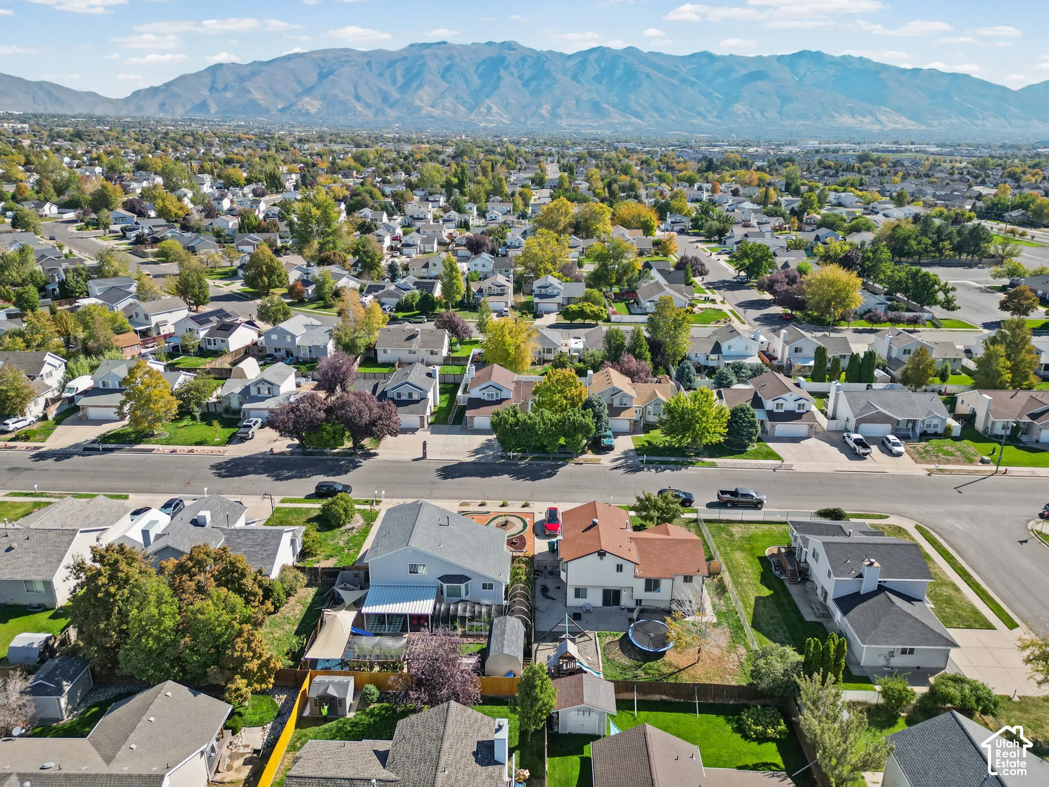 Residential neighborhood featuring mature trees and mountain scenery