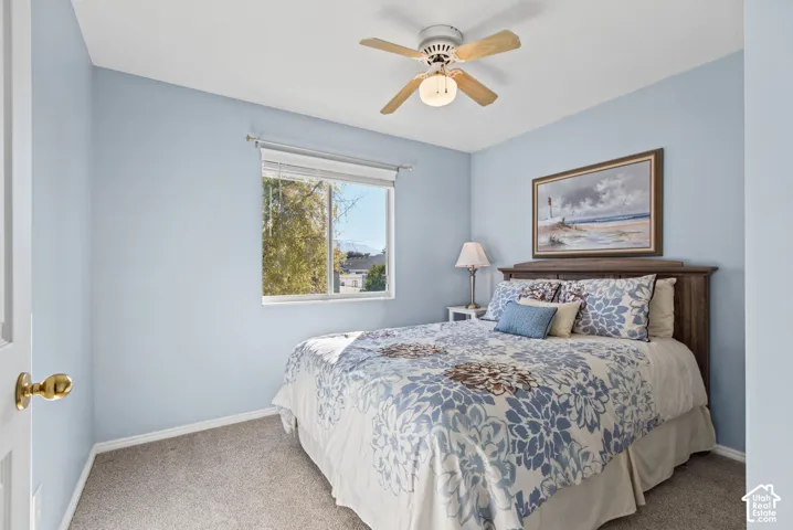 Carpeted room with light blue walls, a window with blinds, and a ceiling fan with integrated lighting