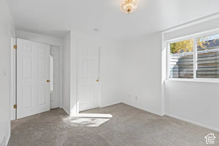 White interior walls, gray carpet flooring, white paneled doors with brass hardware, double-pane window with white trim, and a ceiling-mounted light fixture