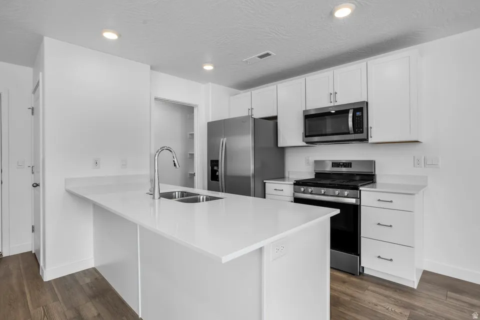 Modern kitchen featuring white cabinetry, stainless steel appliances, recessed lighting, wood-finish flooring, and a central island with an integrated double sink