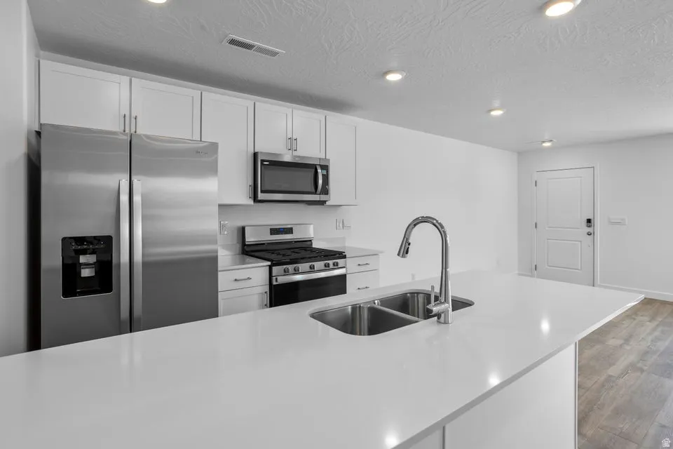 Kitchen featuring white cabinetry, stainless steel appliances, a double basin sink, light-toned countertops, and recessed lighting