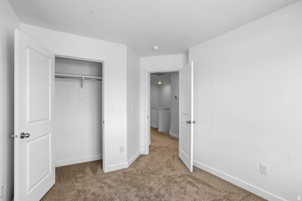 Neutral-toned carpeting, white walls, and a built-in closet with hanging rod