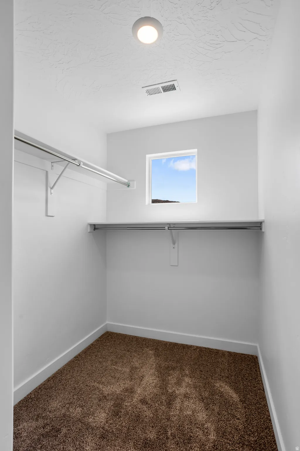 Recessed lighting, wall-mounted shelving, integrated hanging rods, and a window