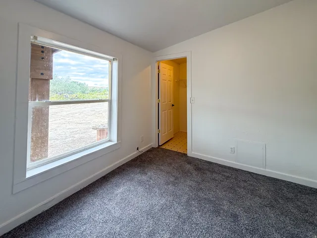 Neutral wall paint, window with white trim, dark gray carpeting, and an open closet with a white door
