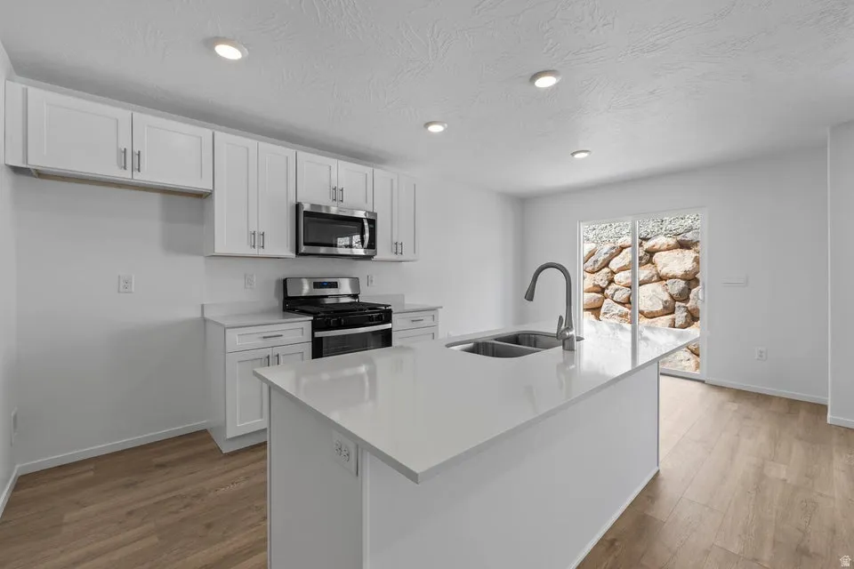 Kitchen featuring white cabinetry, stainless steel appliances, a center island with a double basin sink, recessed lighting, and wood-finish flooring