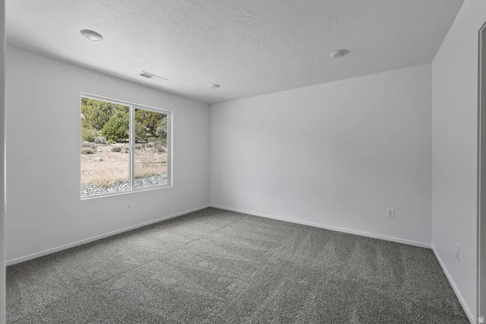 Bright room featuring a large window, gray carpeting, and recessed lighting