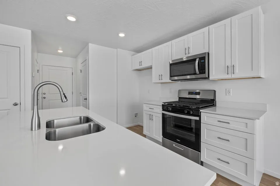 Kitchen featuring white cabinetry, stainless steel appliances, recessed lighting, a kitchen island with an undermount dual-basin sink, and a gooseneck faucet