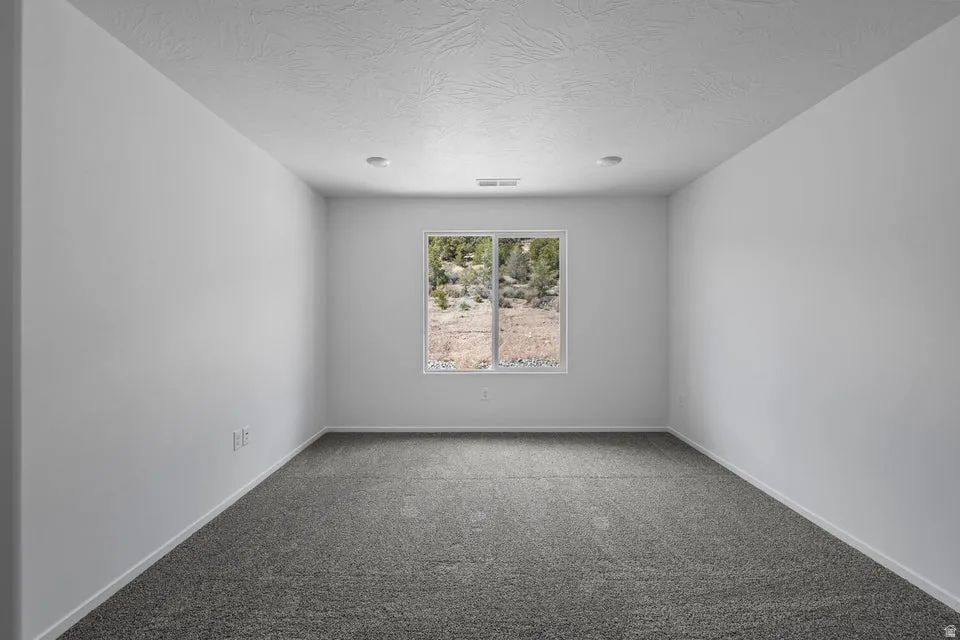 Neutral wall paint, textured ceiling, recessed lighting, double-paned window, and a gray carpeted floor