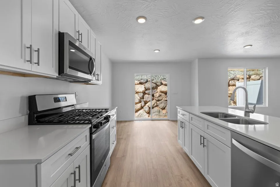 Modern kitchen featuring stainless steel appliances, white cabinetry, a kitchen island with an undermount sink, and wood-finish flooring