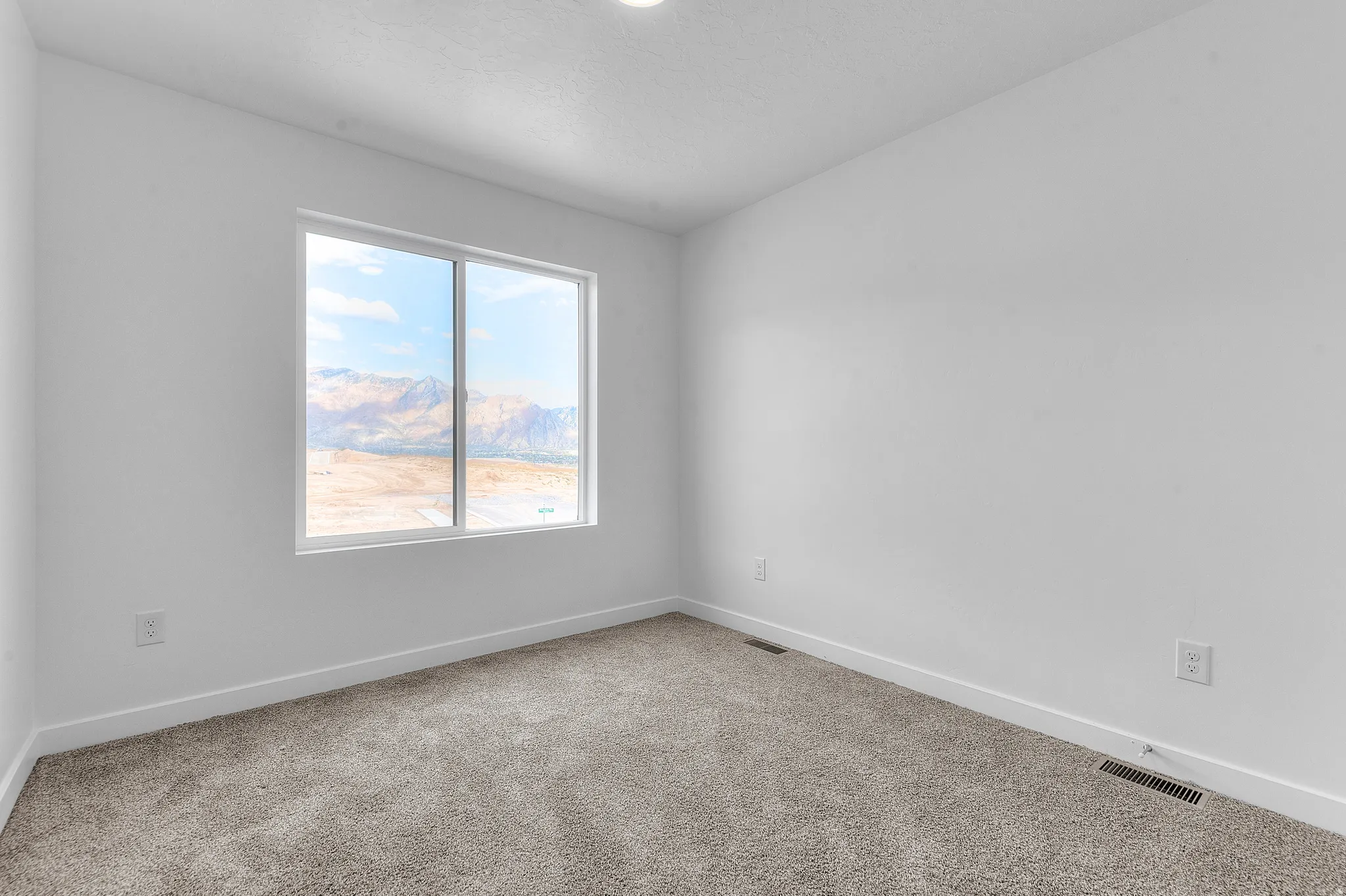White walls, neutral carpet, and a large window framing a mountain backdrop